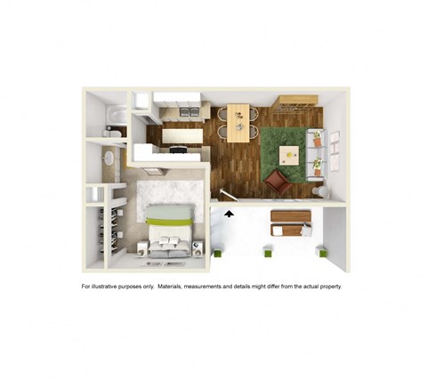 Floor plan for 1 bed, 1 bath, 481 sqft